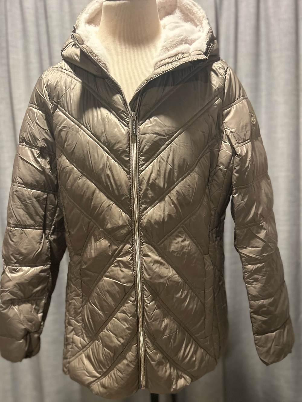 Michael Kors Taupe Quilted Hooded Puffer Jacket